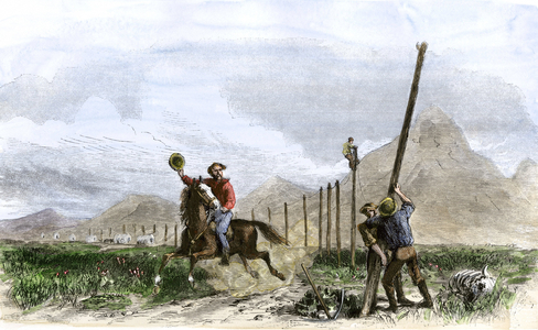 History of the West Conquete settlers: American pioneers. Pony Express rider saluting the workers setting up telegraph poles, 1860.