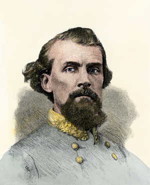 Secession War or American Civil War (1861-1865), United States: Portrait of Nathan Bedford Forrest (1821-1877), Lieutenant General of the Confederates Army. Colour engraving of the 19th century.