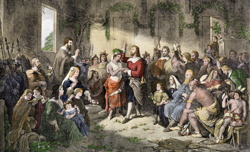 The marriage of Pocahontas and John Rolfe in Jamestown in 1614, 19th century (litho)