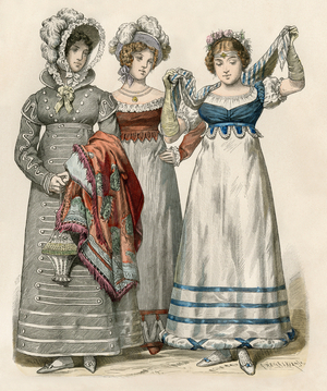 European Women in Fashion 1818 - European women's fashion of 1818. Antique hand-colored print