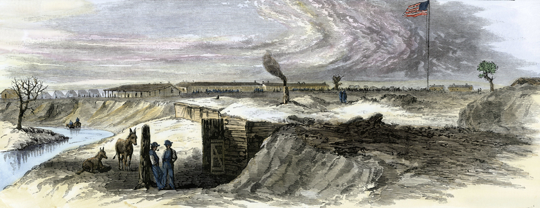 History of the West Conquete settlers: American pioneers. Soldiers in a trench for the winter at Fort Larned, Kansas, 1860s. Colourful engraving of the 19th century.