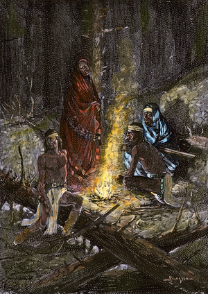 Apache warriors lighting a signal fire, whose smoke clouds serve as a means of communication at a distance, during wartime, around 1800. Wood engraving, in colour, 19th century, based on an illustration by Frederic Remington.