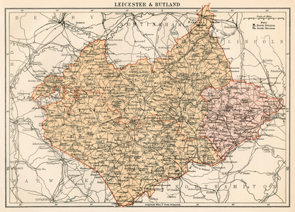 Map of the Counts of Leicester and Rutland (England), circa 1870. 19th century lithography.