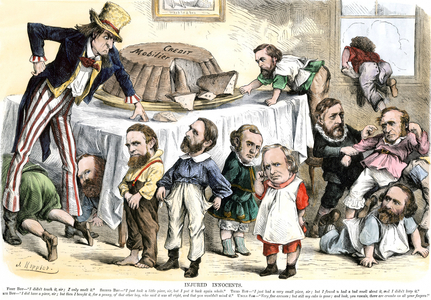 Injured Innocents: Cartoon about the authors of the Credit Mobibles scandal. Everyone, having taken a piece of cake but finding excuses to remain innocent, is reprimanded by Uncle Sam. 1873 caricature. Colour engraving of the 19th century.