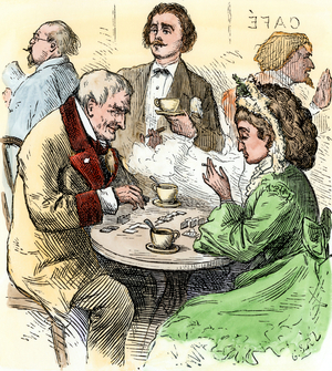 Couple playing dominoes in a cafe, France, around 1800. Lithograph from 19th century illustration.