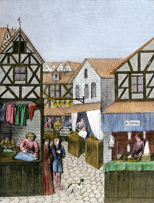Middle Ages: Apothecary, barber, furrier and fashion designer in shops under half-timbered houses France, 15th century. Colour engraving of the 19th century.