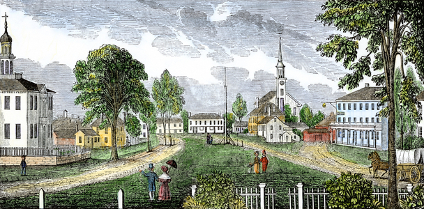 United States, Massachusetts: Center of Concord, showing the house of justice (left), Church, and houses, circa 1830. 19th century color engraving.