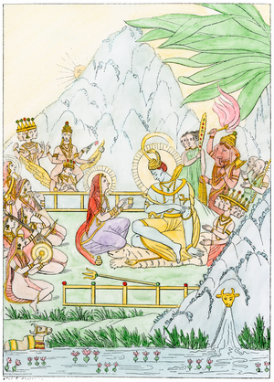 Homage to Shiva (Civa), god of regeneration, of the Hindu sacred triad - Colorisee engraving, 19th century - Paying homage to Siva, god of regeneration in the Hindu sacred triad - Hand-colored woodcut of a 19th-century illustration