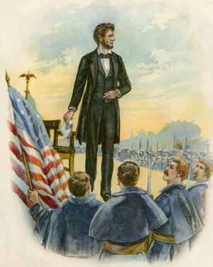 Portrait of President Abraham Lincoln (1809-1865) during a speech in Gettysburg (Pennsylvania, USA) on the battlefield during the Secession War between 1861 and 1865. Lithograph of the 19th century.