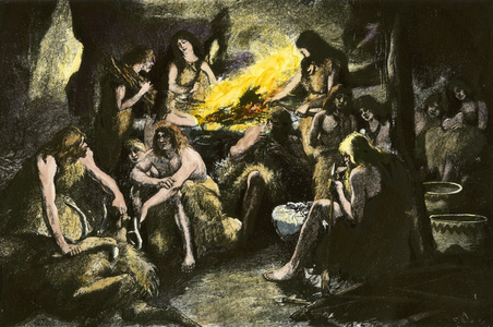 Prehistory: prehistoric men finding refuge in the caves where they are busy with daily stains (fur of hunted beets, making tools...) Colour engraving of the 19th century