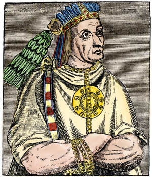 Portrait of Atahualpa (c. 1502-1533), last emperor of the Inca Empire. Colour engraving.