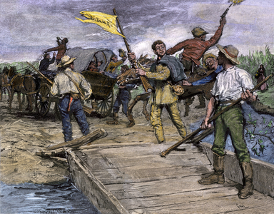 The pro-slavery forces (pro-slavery) carried voters by boat on the bank of Kansas to vote against freedom of land in the 1850s. Colour engraving of the 19th century.