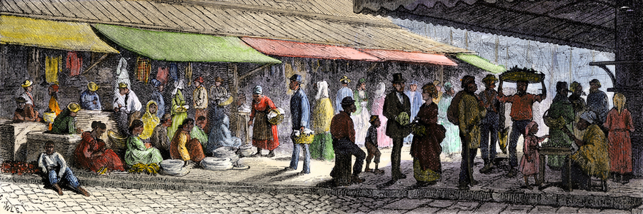 United States, Louisiana: American Indian and black march in a march of the French quarter of New Orleans (New Orleans), years 1870. Engraved color of the 19th century.
