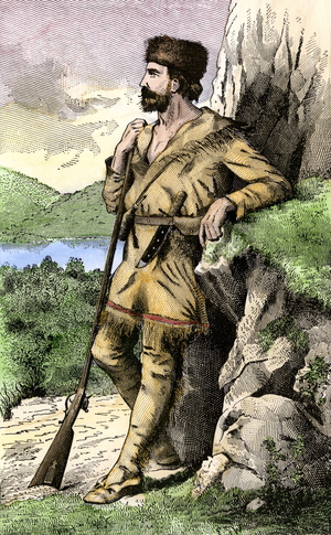 Portrait of Daniel Boone (1734-1820), British quaker explorer of the United States, 18th century. Engraving. Daniel Boone in the Kentucky wilderness.