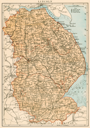 Map of the Earl of Lincolnshire (England), circa 1870. 19th century lithography.