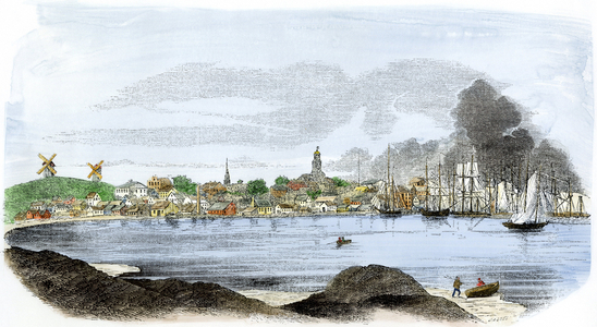 United States, Massachusetts: Marine boat in the port of Nantucket, Massachusetts years 1850. Colour engraving of the 19th century.