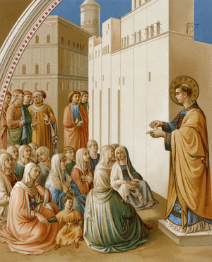 The prediction of Saint Stephen to Jerusalem. Reproduction of a fresco by Fra Angelico in the Vatican.