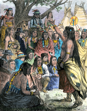 Indians of America: Chief Comanche and Arapaho holding a concil of war against whites invading their territory, 1800s. Colour engraving of the 19th century.