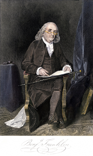 Portrait of Benjamin Franklin (1706-1790) sitting with his signature. engraving after a painting.