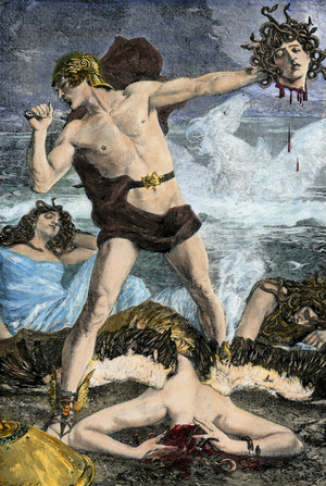 Greek mythology: Persee cutting the head of Meduse to the hair of snakes, one of the three gorgones - Colorised engraving 19th century - Perseus cutting off Medusa's snake-haired head, in Greek mythology - Hand-colored woodcut of a 19th-century illustration