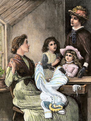 Housewife sewing at home to earn a living, USA. Colour engraving of the 19th century.