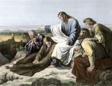 Bible scene: Jesus lamenting about the fate of Jerusalem with the apoters. Colourful engraving of the 19th century.