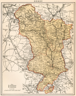 Map of the Earl of Derbyshire (East Midlands, England), circa 1870. 19th century lithography.