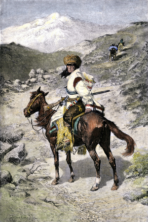 American Indian trapper in the Rocky Mountains of the Northwest United States. Coloring engraving by Frederic Remington, 19th century.