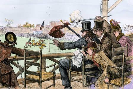 School football match (tournament between high schools), circa 1880. The audience appreciating the game from the bleachers. Illustration 19th century. Engraving on wood colour.
