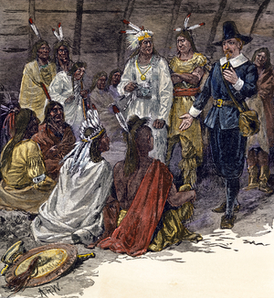 Indian of America: Roger Williams (1603-1684) at the concil of Canonicus (1565-1647), sachem of the tribe of Narragansett in the United States. Engraving of the 19th century