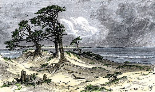 United States, Maryland: Entrance of Chesapeake Bay as it appeared to the first exploders and settlers. Colour engraving of the 19th century.