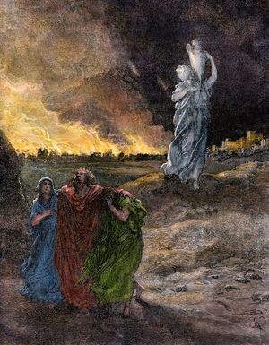 Loth's wife is transformed into a statue of salt, after turning around to see the destruction of Sodom (Israel). Loth fled around his daughters, without a look at the burning city in the plain. Lithograph from 19th century illustration.