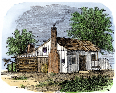 Home of the President of the United States of America Andrew Jackson (1767-1845), Waxhaw, South Carolina. Colouring engraving of the 19th century.