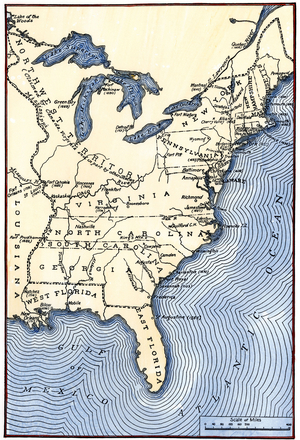 War of Independence of the United States of America (1775-1783): Map showing the 13 colonies that united to form the United States in 1776. Colouring engraving of the 19th century.