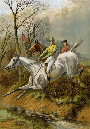 Steeple chase jumping a river in England, 1880s. Lithograph of the 19th century after a painting by J. Sturgess