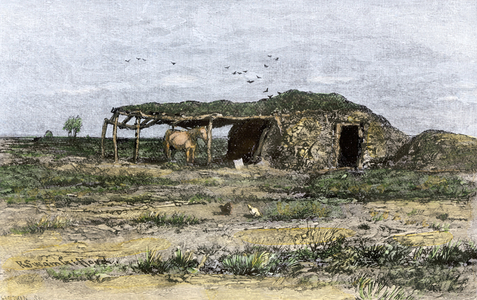 History of the settlers and the conquete of the West: American pioneers. Barn made of earthen boots in the Kansas meadow. Colourful engraving of the 19th century.