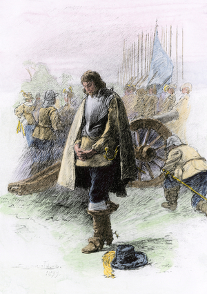 First Revolution English Civil War, 1641-1649: Oliver Cromwell (1599-1658) prayed before the Battle of Edgehill, near Kineton, Warwickshire, October 23, 1642.