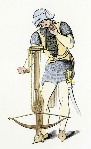 Middle Ages: Genois archer arming his crossbow. 19th century colour engraving.