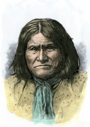 Native population of America: Indians of the United States. Chief Apache Geronimo, also known as Goyathlay (Go Khla Yeh, 1829-1909), years 1880, New Mexico. Colour engraving of the 19th century.