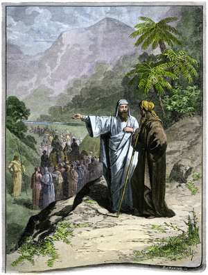 Loth taking his family and holding them away from the city of Sodom which will be destroyed and saying goodbye to Abraham. Colour engraving of the 19th century