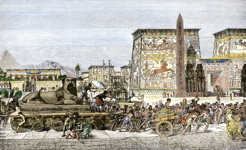 Slaves of Ancient Egypt fire a tank on which a sphinx is located during the construction of a city. Colour engraving of the 19th century.