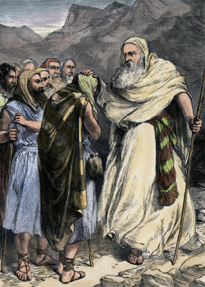 The Hebrews leave Moses at Mount Pisgah before crossing the Jordan and entering the promised land. Colour engraving of the 19th century