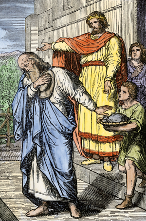 Naboth of Jezreel refused to sell to King Ahab (Akhab) a vineyard located near the prince's palace, which was the heritage of his father in ancient Israel. Colour engraving of the 19th century