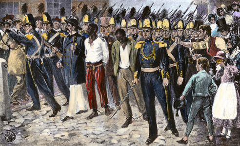 Fugitive slaves Burns and Sims captured in Boston and returned to South Carolina under the “Fugitive Slave Act”, 1850 years. Within the framework of the 1850 Compromise (between the Southern Agrarian and Slavery States and the Nordist Industrial and Abolitionist States) on the methods of capturing escapades slaves and returning them to their owners. Colour engraving of the 19th century.