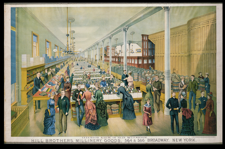 Advertisement for Hill Bros. Millinery Goods with an interior view of the main saleroom (colour litho)