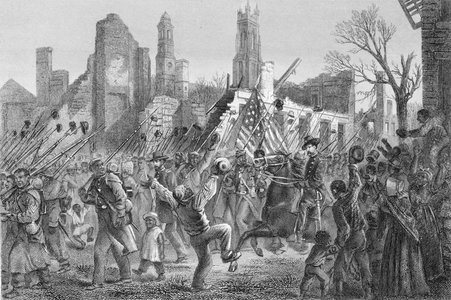 Entrance of the Fifty-Fifth Massachusetts Regiment into Charleston on 21st Feb 1863 (engraving)
