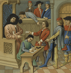Judiciary Scene, illustration from 'Le Costume Historique' (colour litho)