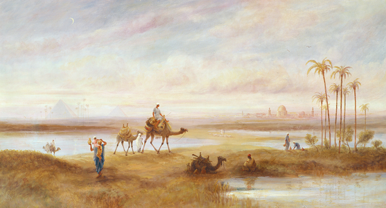 Figures and camels at an oasis (oil on canvas)