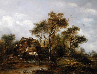 Overshot Mill with Man Fishing (oil on canvas)
