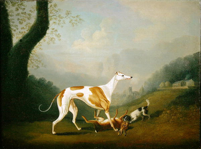 Greyhound with a Spaniel Puppy and Dead Hare (oil on canvas)